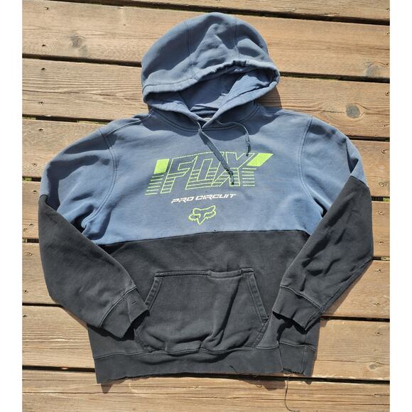 FOX Pro Circuit Pullover Hooded Sweatshirt Men Sz Large Black Blue Pullover Logo - Picture 1 of 9